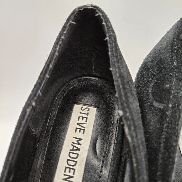 Steve Madden Black Suede Peep Toe Heels 8M Black Upper Brown Balance - Picture 12 of 13